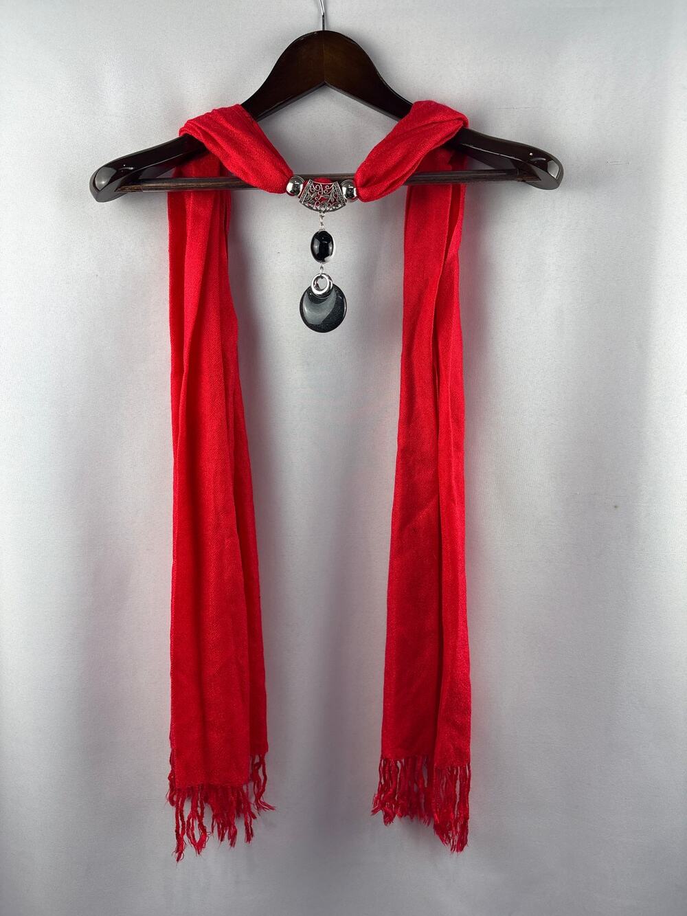 Women’s Pashmina O/S Bright Red Scarf w/ Bead Detail